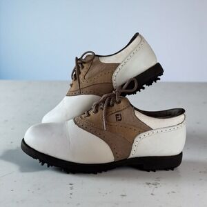 FootJoy Womens Golf Shoes White Brown Saddle Leather Spiked Size 5.5M
